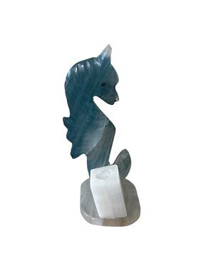 Blue Carved Stone Seahorse Pen Holder Desk Decor 4.5 Inch